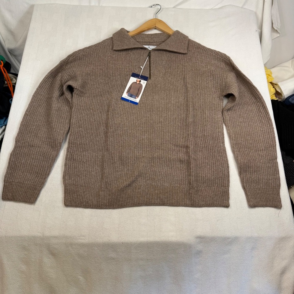 Modern Ambition Womens Quarter Zip Sweater Taupe Brown Marl Ribbed Knit Large